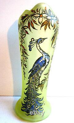 Vase Art Nouveau pâte de verre ouraline émaillé Legras signé LEG LE PAON