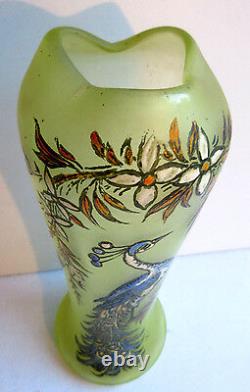 Vase Art Nouveau pâte de verre ouraline émaillé Legras signé LEG LE PAON