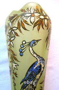 Vase Art Nouveau pâte de verre ouraline émaillé Legras signé LEG LE PAON
