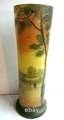 Vase Art Nouveau verre émaillé Legras Paysage lacustre, voiliers, grands arbres