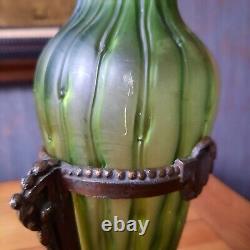 Vase Art Nouveau verre soufflé et fer forgé