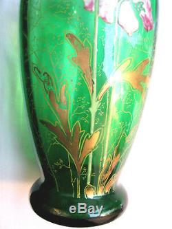 Vase Art Nouveau verre vert émaillé Legras Les anémones mauves et blanches