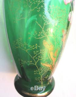 Vase Art Nouveau verre vert émaillé Legras Les anémones mauves et blanches