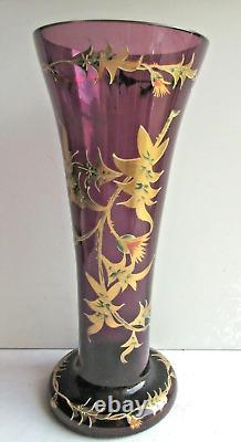 Vase Art Nouveau, verre violet émaillé Legras de chardons à l'or fin