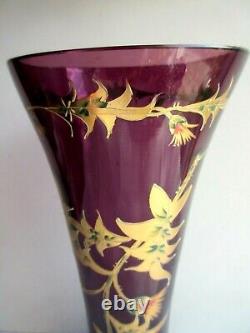Vase Art Nouveau, verre violet émaillé Legras de chardons à l'or fin