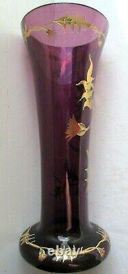 Vase Art Nouveau, verre violet émaillé Legras de chardons à l'or fin