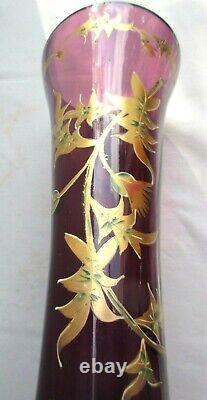 Vase Art Nouveau, verre violet émaillé Legras de chardons à l'or fin