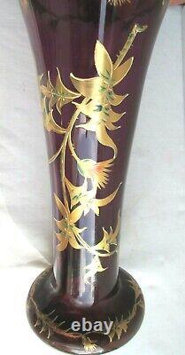 Vase Art Nouveau, verre violet émaillé Legras de chardons à l'or fin