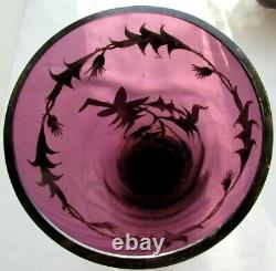 Vase Art Nouveau, verre violet émaillé Legras de chardons à l'or fin