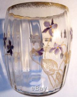 Vase Baril Art Nouveau cristal Baccarat, émaillé LEGRAS Semis de violettes