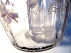 Vase Baril Art Nouveau cristal Baccarat, émaillé LEGRAS Semis de violettes