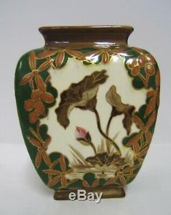 Vase Emaille Faience KG Luneville Art Nouveau Decor Fleurs Peint Main 1880
