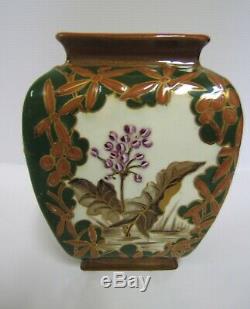 Vase Emaille Faience KG Luneville Art Nouveau Decor Fleurs Peint Main 1880