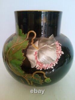 Vase Emaille Faience KG Luneville Art Nouveau Fleurs Et Insectes Peint Main 1880