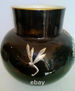 Vase Emaille Faience KG Luneville Art Nouveau Fleurs Et Insectes Peint Main 1880