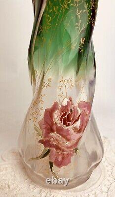 Vase En Verre Emaillé 1900 Art Nouveau Monjoye Decor De Roses