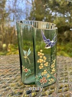 Vase En Verre Émaillé & Oiseau & Libellule & Fleurs & Art Nouveau & France