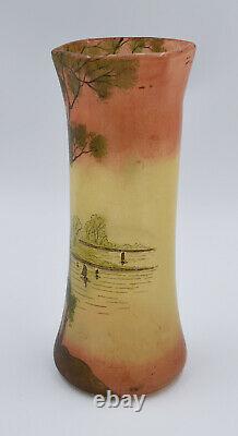 Vase LEGRAS en Verre Emaillé Art Nouveau SIGNE déposé décor lac et foret h= 28cm