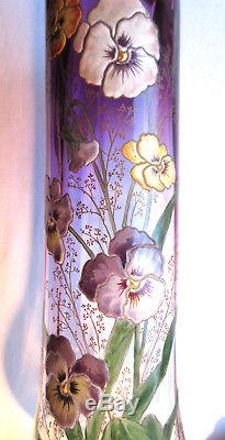 Vase Lamartine Art Nouveau violine et Or, émaillé LEGRAS 7 Pensées + graminées