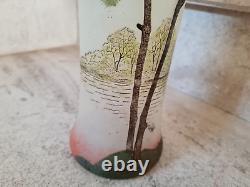 Vase Legras Toul, époque Art Nouveau, verre soufflé émaillé, paysage Lacustre