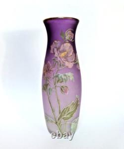 Vase Legras art nouveau rare modèle fleurs d'ibiscus émaillées