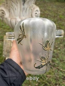 Vase Libellule & Chardons & Travail Français Verre Dégagé à l'Acide & Vers 1900