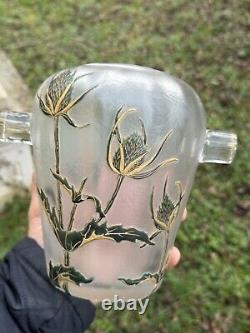 Vase Libellule & Chardons & Travail Français Verre Dégagé à l'Acide & Vers 1900