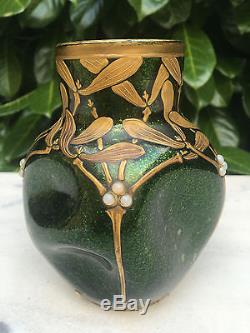 Vase Montjoye Legras verre aventuriné irisé & cabochons Art nouveau 1900