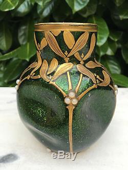 Vase Montjoye Legras verre aventuriné irisé & cabochons Art nouveau 1900