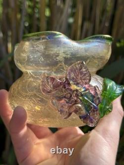 Vase Pâte De Verre Irise & Fleur En Relief & Art Nouveau
