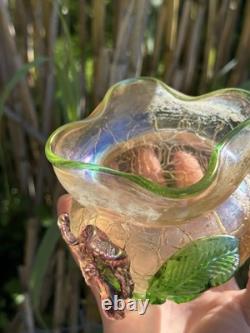 Vase Pâte De Verre Irise & Fleur En Relief & Art Nouveau