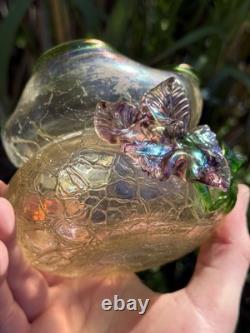 Vase Pâte De Verre Irise & Fleur En Relief & Art Nouveau