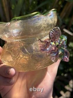 Vase Pâte De Verre Irise & Fleur En Relief & Art Nouveau