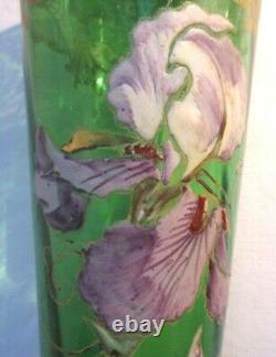 Vase Printemps Art Nouveau verre émaillé Legras d'iris violets et dentelle or