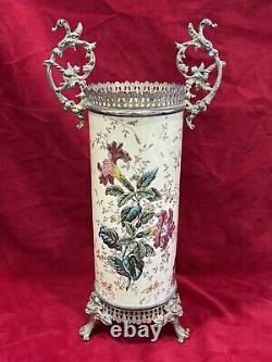 Vase Rouleau Bronze Ancien Faïence Luneville Art Nouveau Décor Iris
