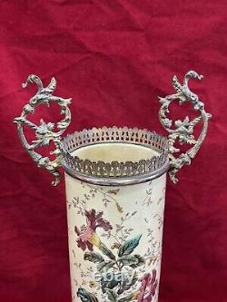 Vase Rouleau Bronze Ancien Faïence Luneville Art Nouveau Décor Iris