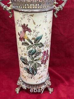 Vase Rouleau Bronze Ancien Faïence Luneville Art Nouveau Décor Iris