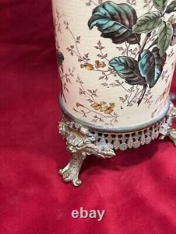 Vase Rouleau Bronze Ancien Faïence Luneville Art Nouveau Décor Iris