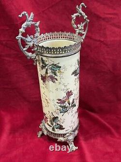 Vase Rouleau Bronze Ancien Faïence Luneville Art Nouveau Décor Iris