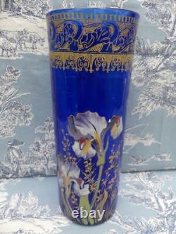 Vase Rouleau verre émaillé bleu décor floral IRIS Legras Montjoye Art Nouveau
