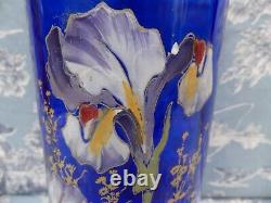 Vase Rouleau verre émaillé bleu décor floral IRIS Legras Montjoye Art Nouveau