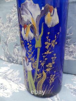 Vase Rouleau verre émaillé bleu décor floral IRIS Legras Montjoye Art Nouveau