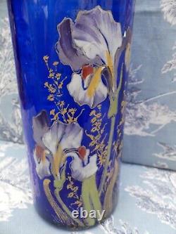 Vase Rouleau verre émaillé bleu décor floral IRIS Legras Montjoye Art Nouveau