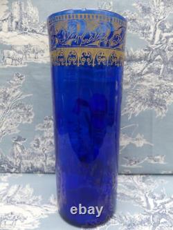 Vase Rouleau verre émaillé bleu décor floral IRIS Legras Montjoye Art Nouveau