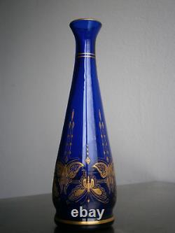 Vase Soliflore Art Nouveau Cristal gravé Cobalt décor 1900 Papillon doré Ancien