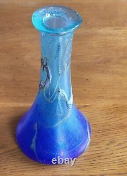 Vase Soliflore Verre Soufflé Bleu Irisé Moiré style Art Nouveau Création d'Art