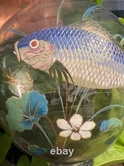 Vase Verre Émaillé Dans l'Esprit Emile Gallé Art Nouveau Glass Poisson & Fleurs