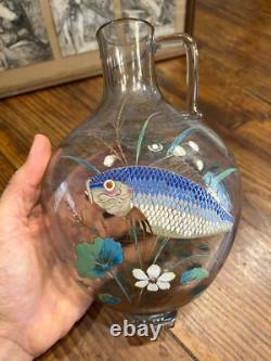 Vase Verre Émaillé Dans l'Esprit Emile Gallé Art Nouveau Glass Poisson & Fleurs