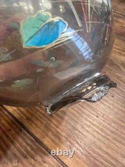 Vase Verre Émaillé Dans l'Esprit Emile Gallé Art Nouveau Glass Poisson & Fleurs