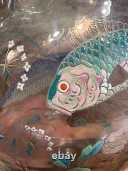 Vase Verre Émaillé Dans l'Esprit Emile Gallé Art Nouveau Glass Poisson & Fleurs